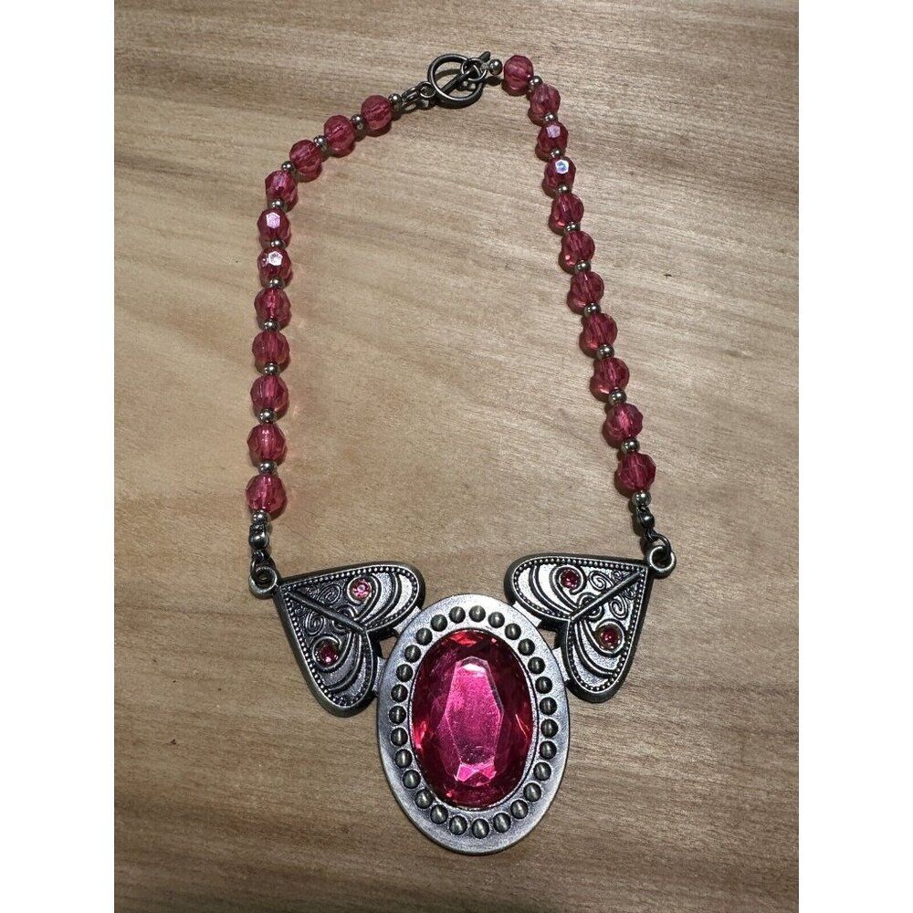 DISNEY Princess PINK Beaded PENDANT Rhinestone HEART NECKLACE Toggle Clasp